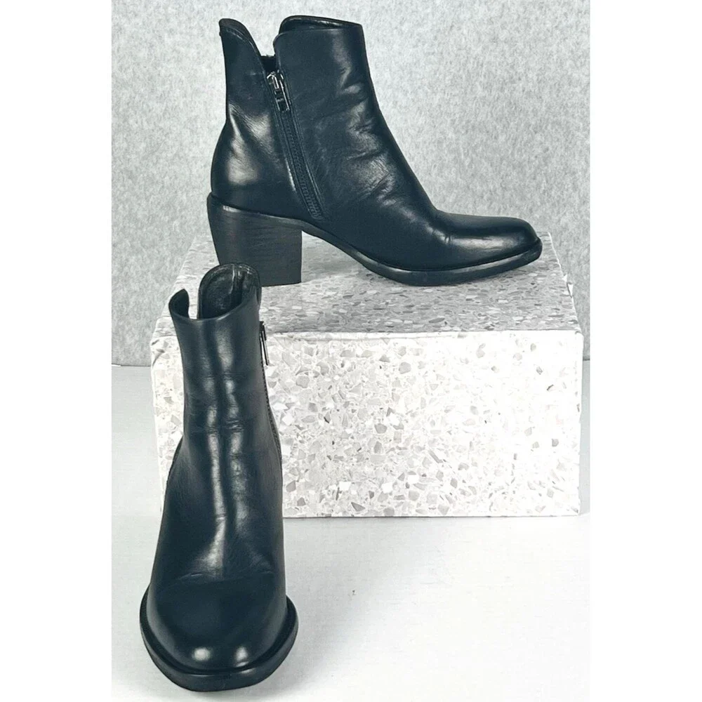 Boemos Boots Womens 36 US 6 Black Leather Double Zip Block Heel Ankle